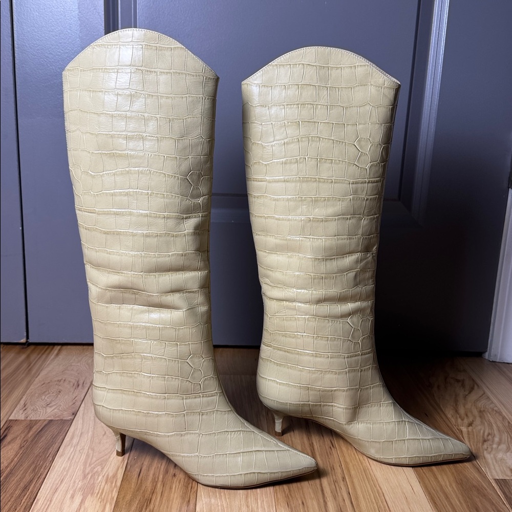 Schutz Maryana Knee High Boots Croc Embossed Cream Almond Heel Pointed Toe - Picture 6 of 9